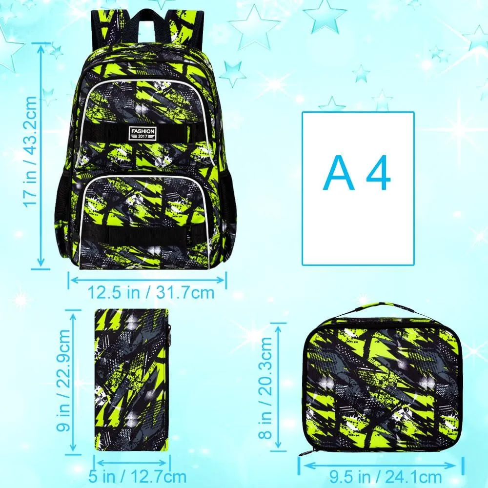3PCS Bookbag for Boys, 17" Water Resistant School Bag with Lunch Box, Cute School Bag Set for College Teenagers High Middle Elementary - Graffiti Green