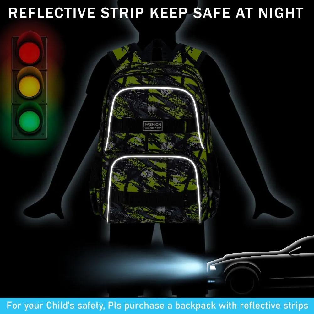 3PCS Bookbag for Boys, 17" Water Resistant School Bag with Lunch Box, Cute School Bag Set for College Teenagers High Middle Elementary - Graffiti Green