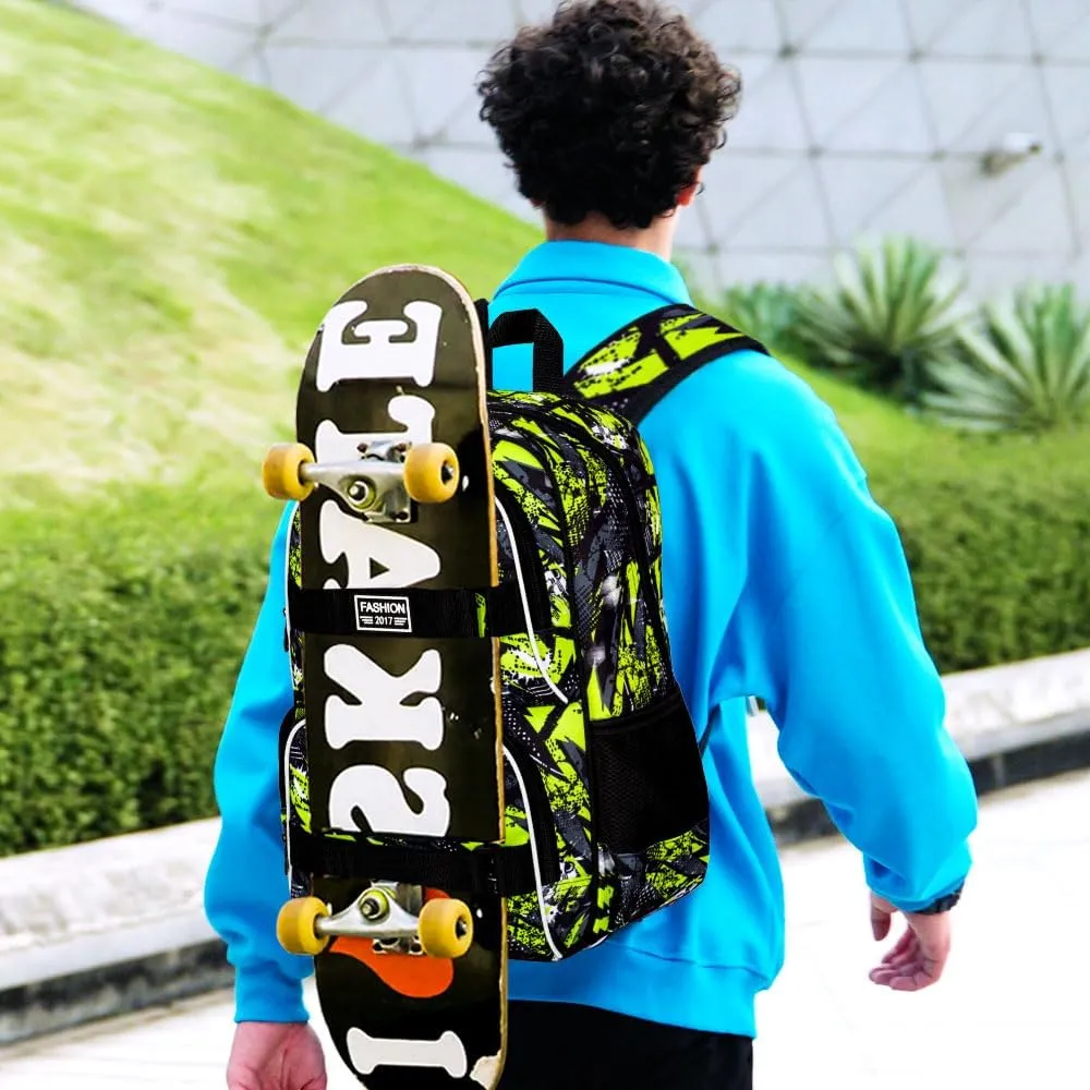 3PCS Bookbag for Boys, 17" Water Resistant School Bag with Lunch Box, Cute School Bag Set for College Teenagers High Middle Elementary - Graffiti Green