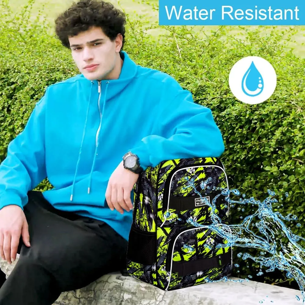 3PCS Bookbag for Boys, 17" Water Resistant School Bag with Lunch Box, Cute School Bag Set for College Teenagers High Middle Elementary - Graffiti Green