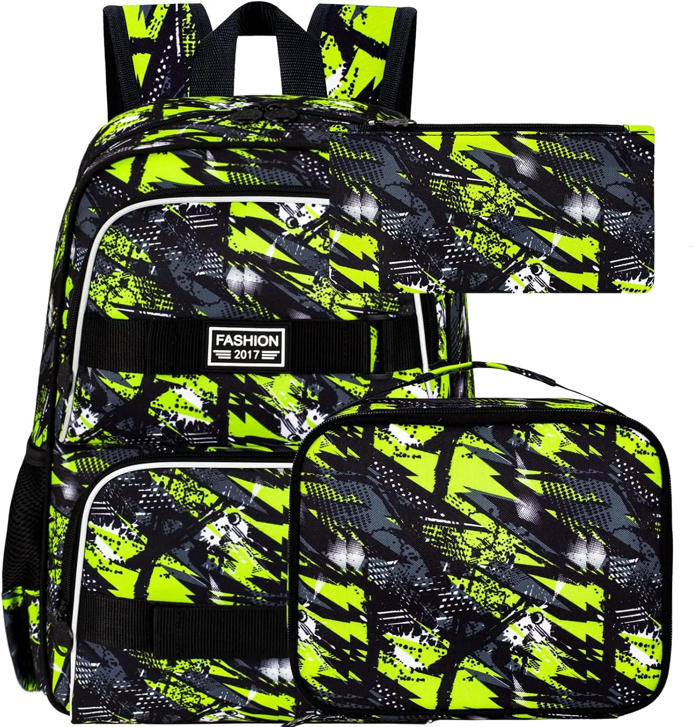 3PCS Bookbag for Boys, 17" Water Resistant School Bag with Lunch Box, Cute School Bag Set for College Teenagers High Middle Elementary - Graffiti Green