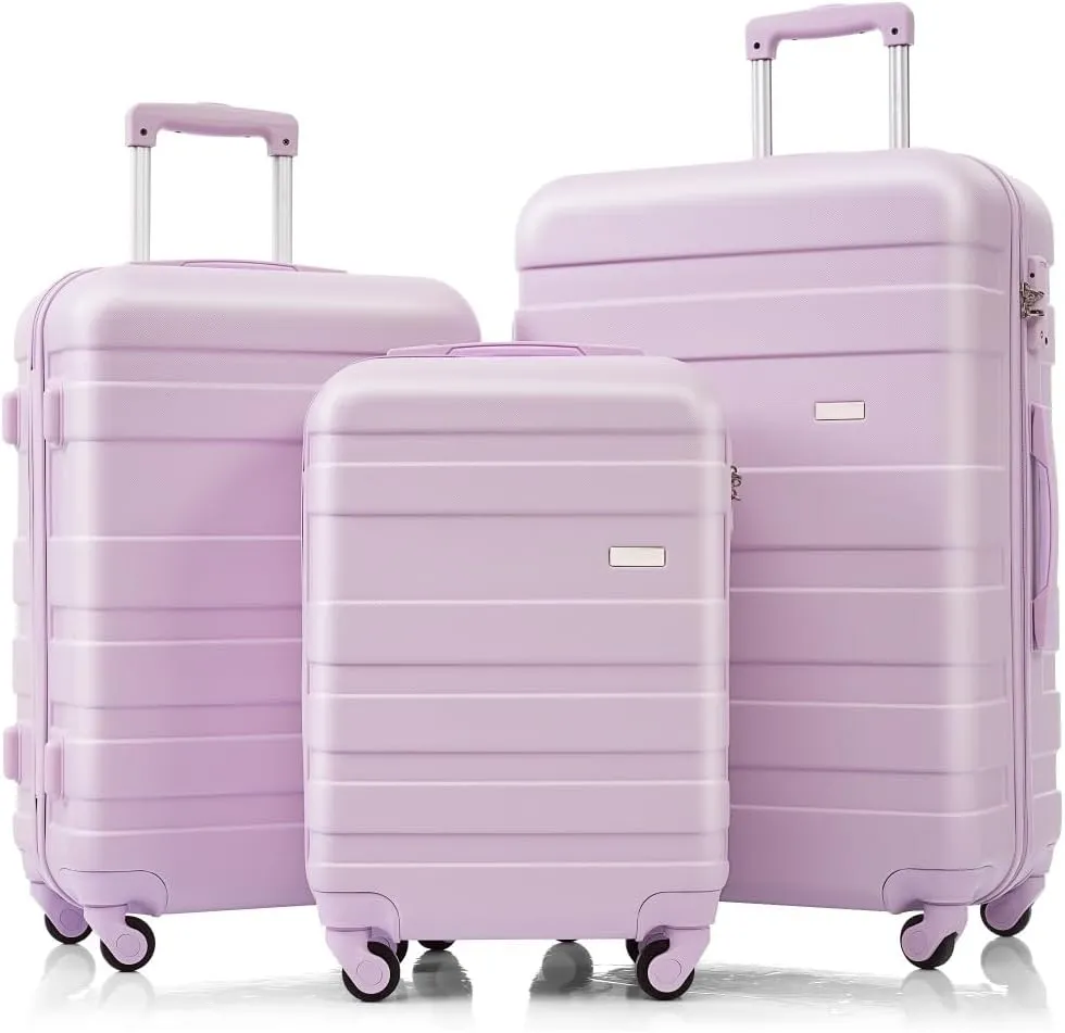 ABS Hardshell Luggage Sets 3-Piece, Lightweight Hardside Suitcase with Spinner Wheels & Lock, Durable Checked Luggage for International Travel, Business, Family Vacation (Purple)