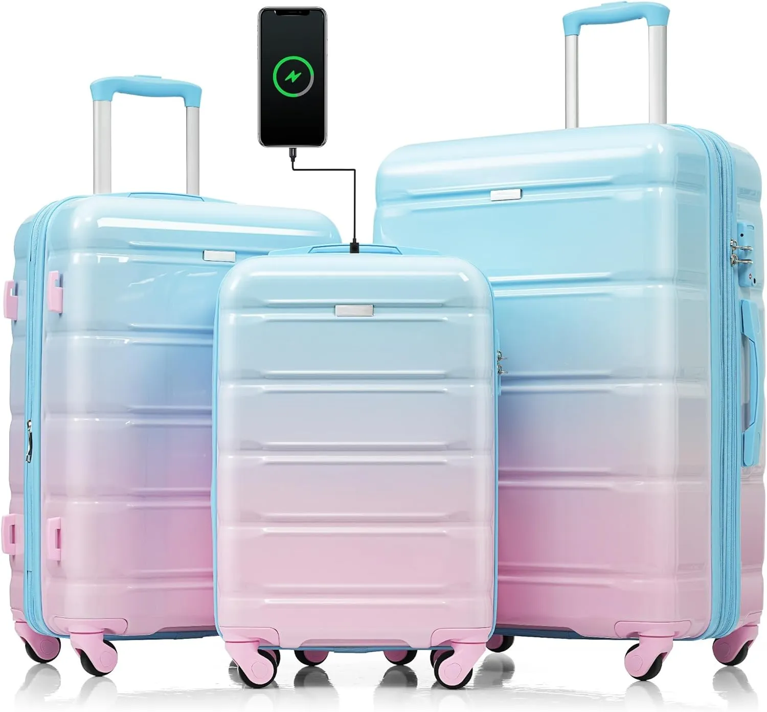Durable 3-Piece Luggage Set with USB Port, Spinner Wheels, and ABS PC Hard Shell(Blue Pink)