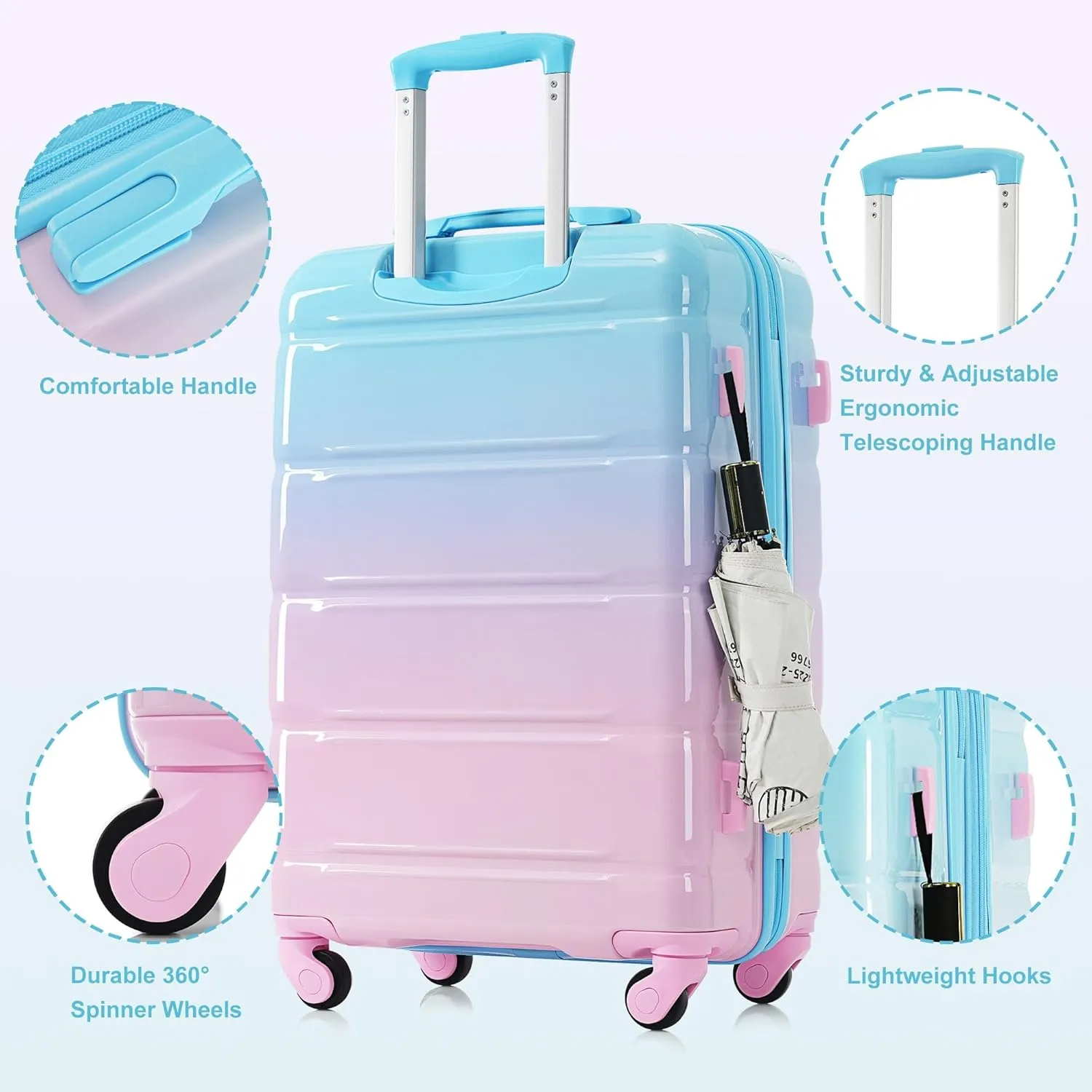 Durable 3-Piece Luggage Set with USB Port, Spinner Wheels, and ABS PC Hard Shell(Blue Pink)