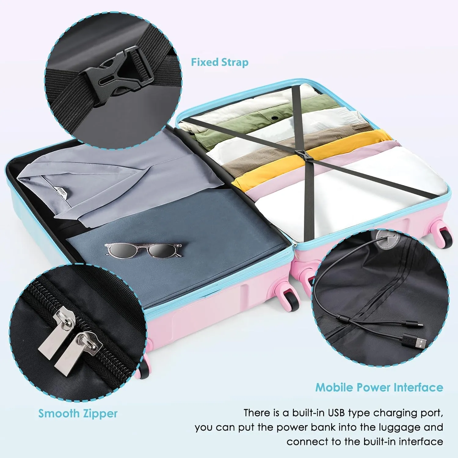 Durable 3-Piece Luggage Set with USB Port, Spinner Wheels, and ABS PC Hard Shell(Blue Pink)