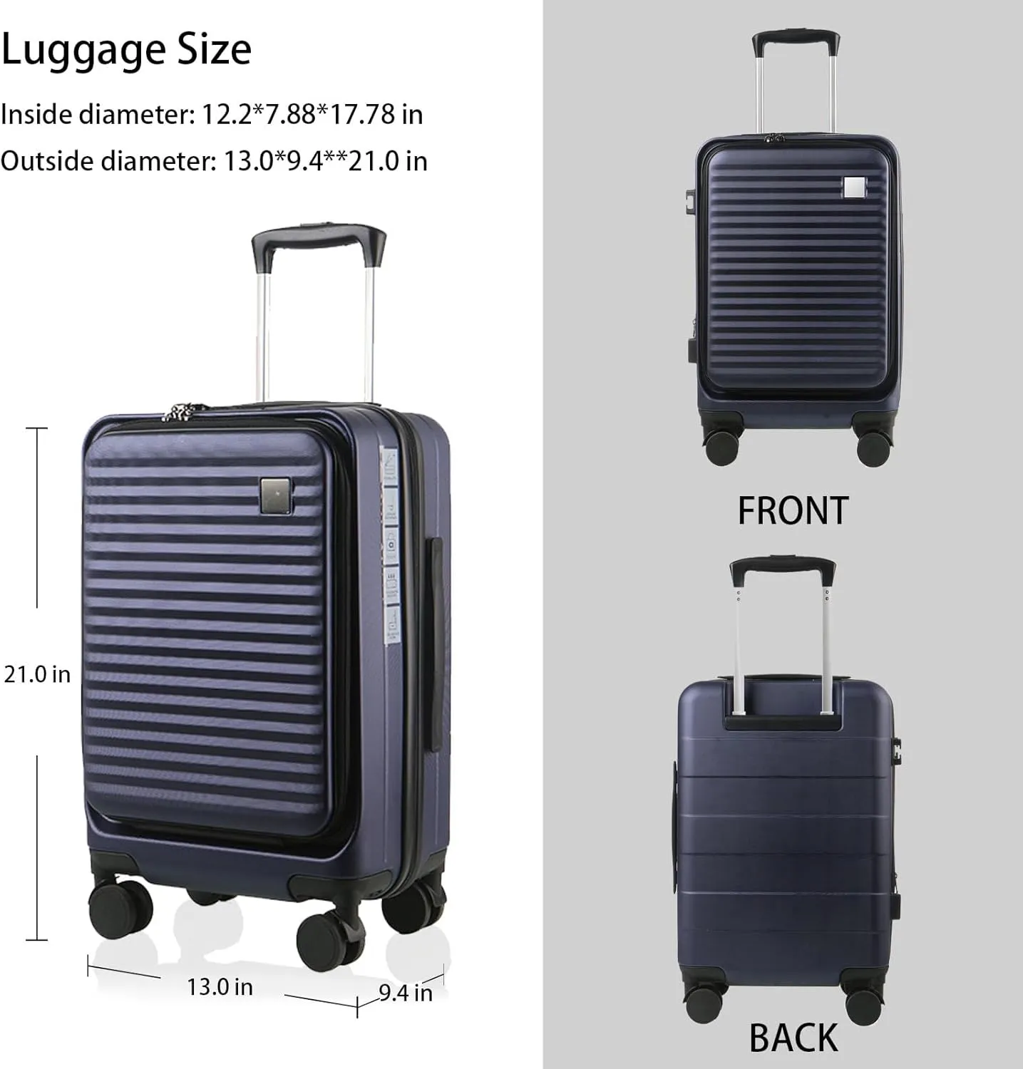 Expandable Carry On Luggage Durable Hardside Lightweight Rolling Suitcases with Spinner Wheels TSA Lock, (Dark Blue, 20-Inch)