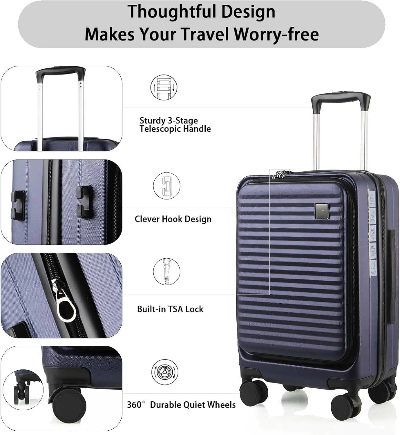 Expandable Carry On Luggage Durable Hardside Lightweight Rolling Suitcases with Spinner Wheels TSA Lock, (Dark Blue, 20-Inch)