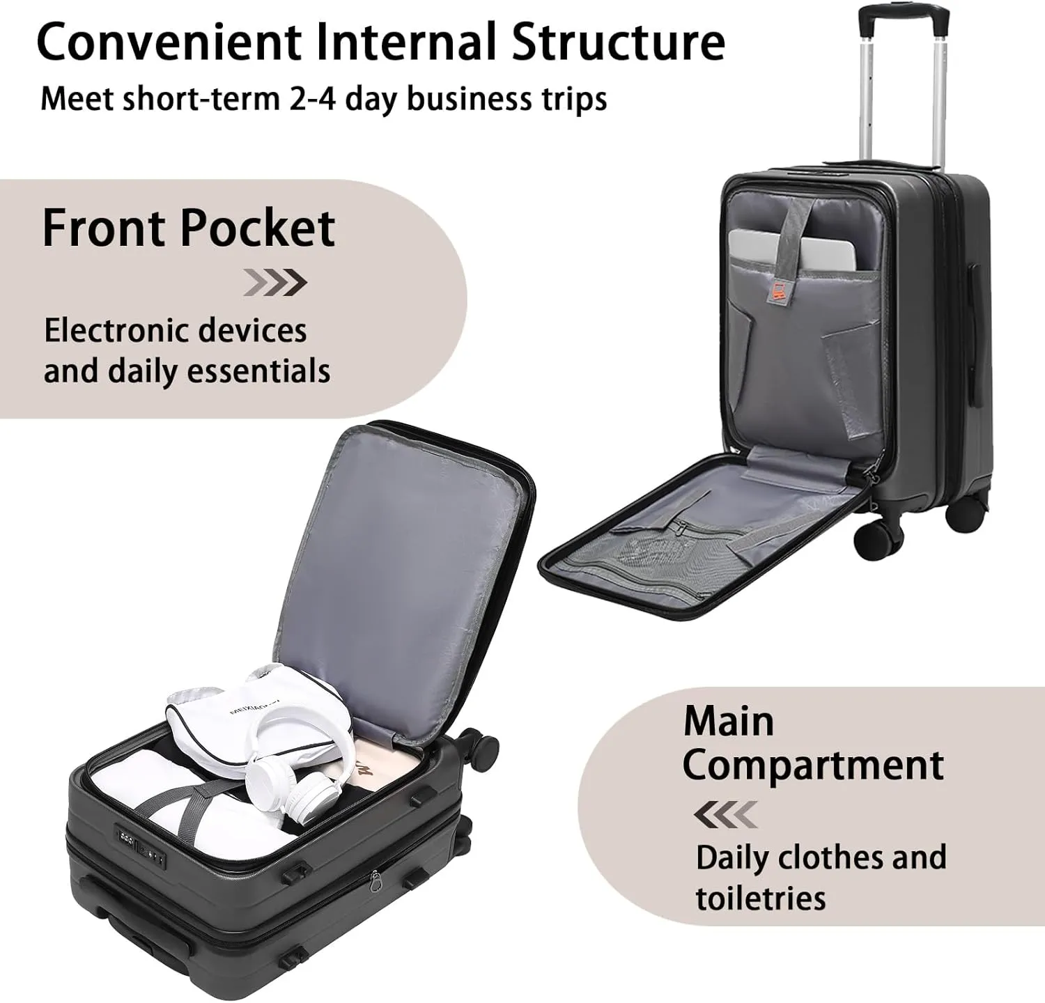 Expandable Carry On Luggage Durable Hardside Lightweight Rolling Suitcases with Spinner Wheels TSA Lock, (Grey, 20-Inch)