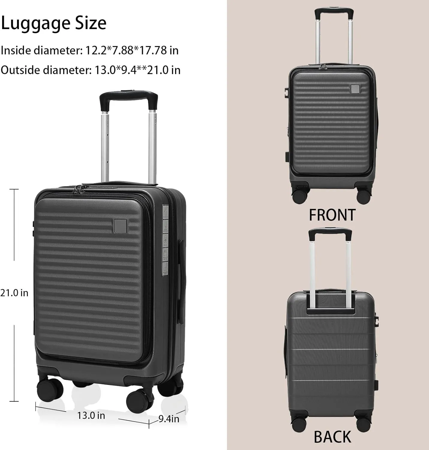 Expandable Carry On Luggage Durable Hardside Lightweight Rolling Suitcases with Spinner Wheels TSA Lock, (Grey, 20-Inch)