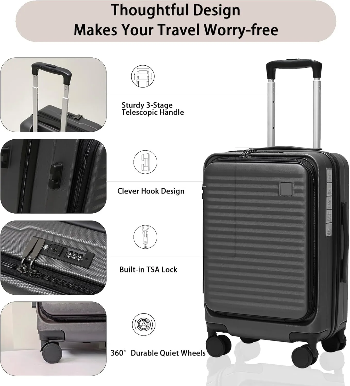 Expandable Carry On Luggage Durable Hardside Lightweight Rolling Suitcases with Spinner Wheels TSA Lock, (Grey, 20-Inch)