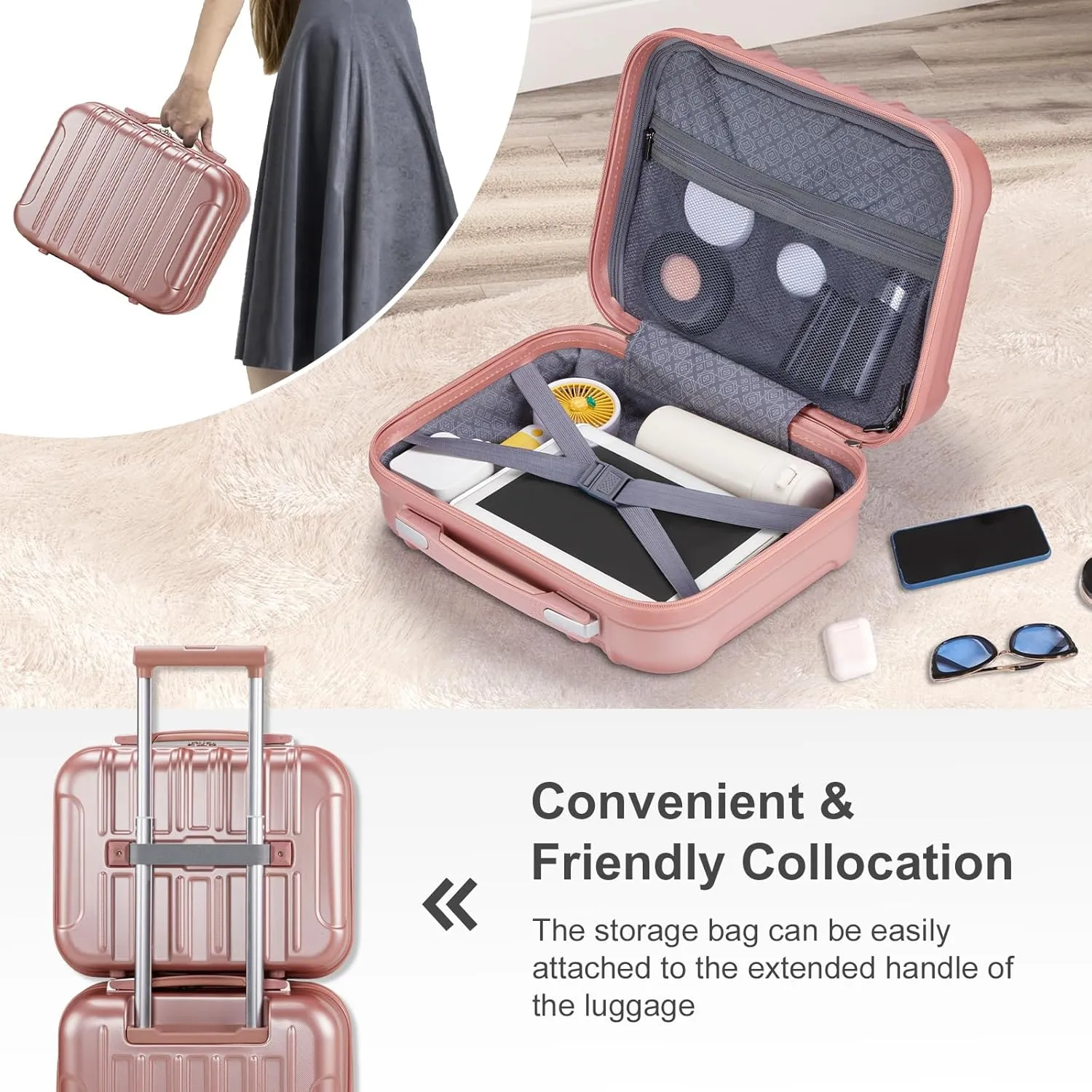 Karl home Expandable Carry on Luggage Airline Approved, 2 Piece Hardshell Luggage Set with TSA Lock  Spinner Wheels, 20" Hardside Suitcase with 14" Cosmetic Case for Women Men Traveling, Rose Gold
