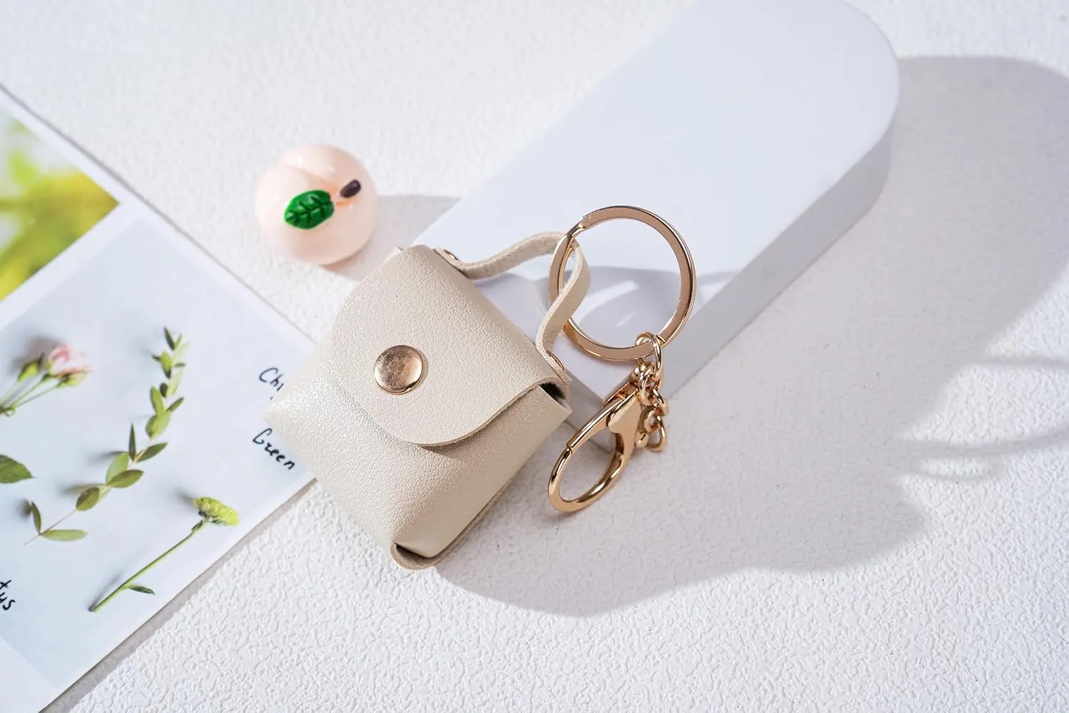 Mini PU Leather Handbag keychain - Coin Purse, Earphone Pouch, Keychain - Elegant and Minimalist Design for Women(Beige)