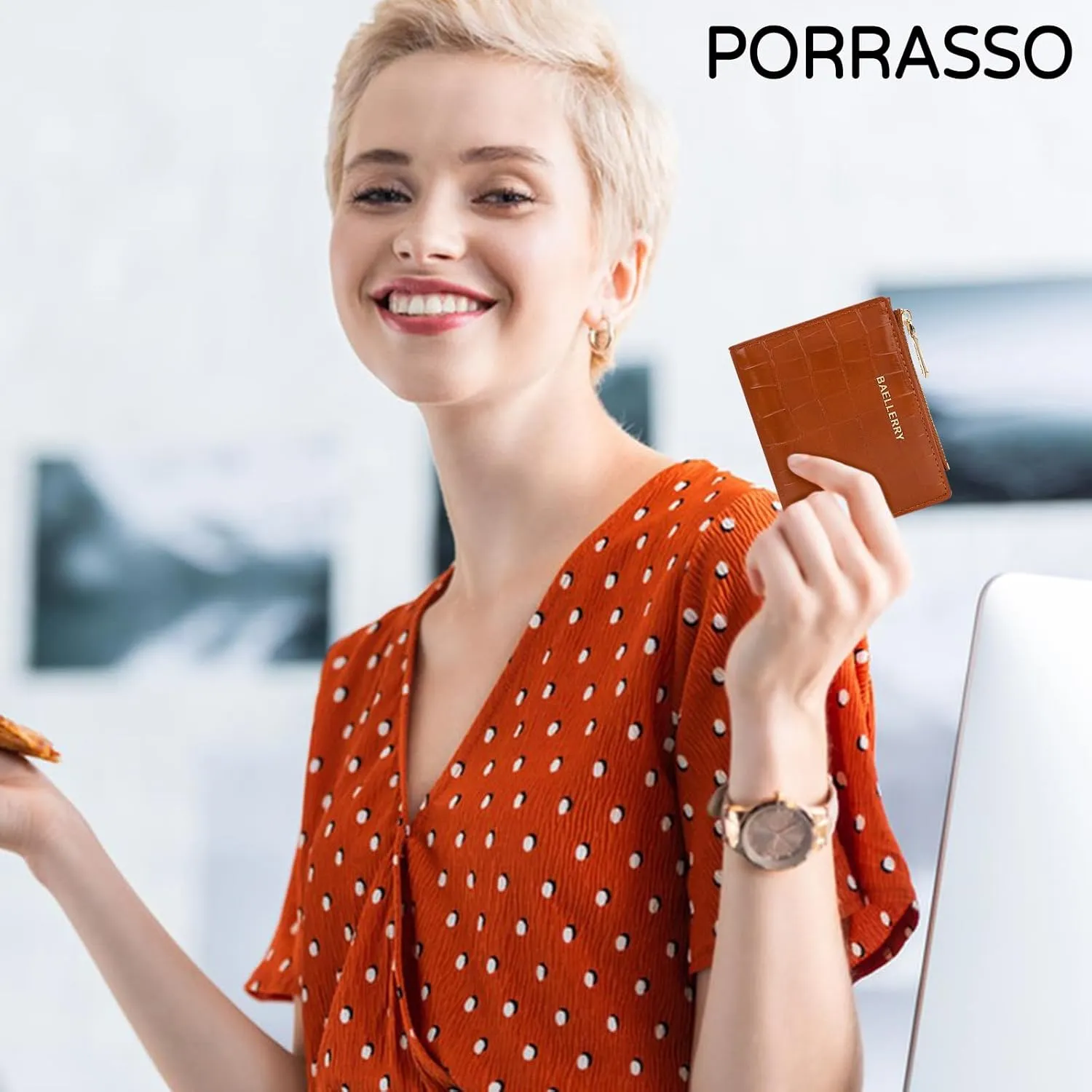 PORRASSO Fashion Wallet Ladies Minimalist Purse Women's PU Leather Change Pouch, Brown, L