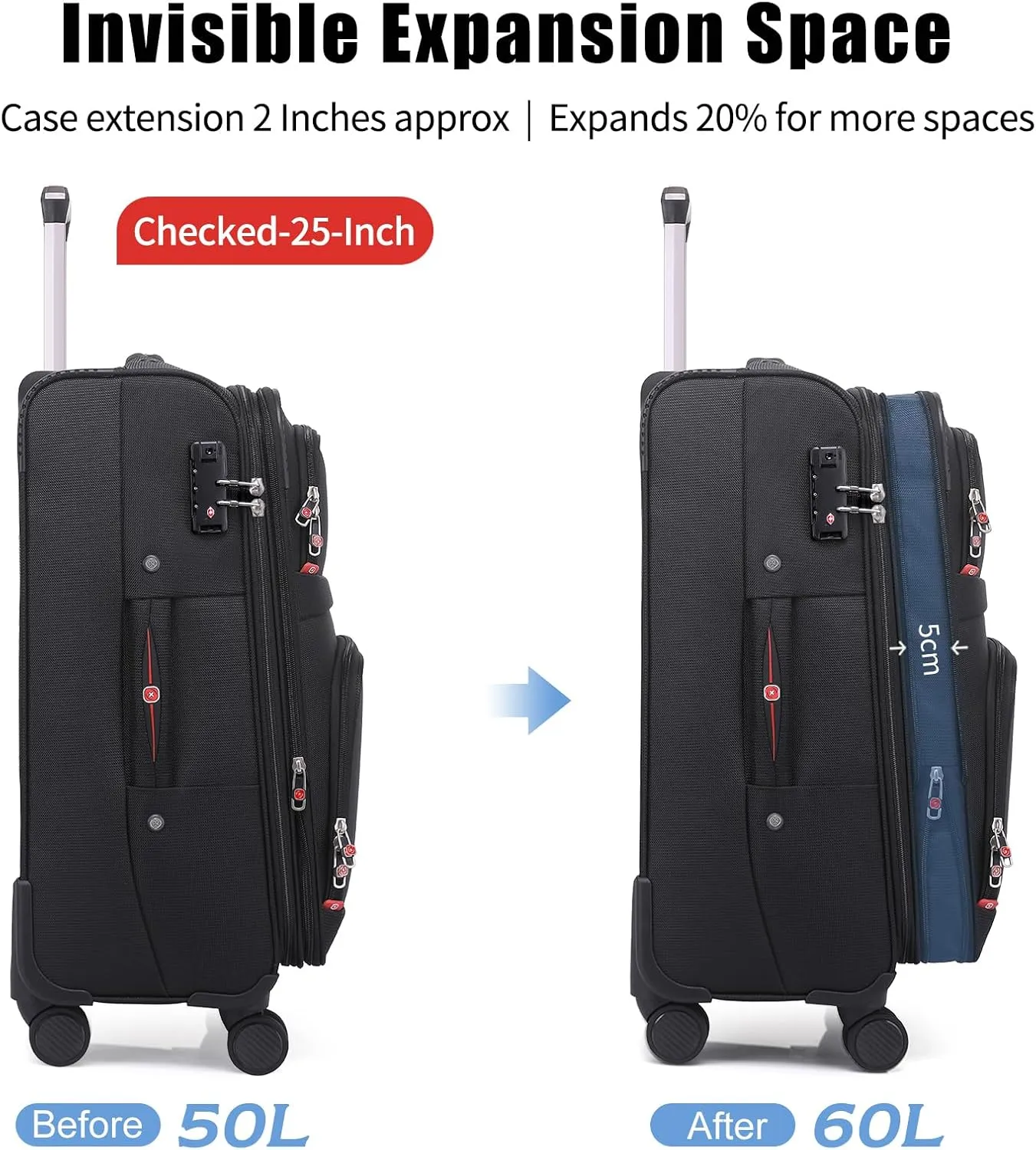 Softside Expandable Luggage with 4 Spinner Wheels, Durable Checked-Luggage Suicase (Black, 25-Inch)