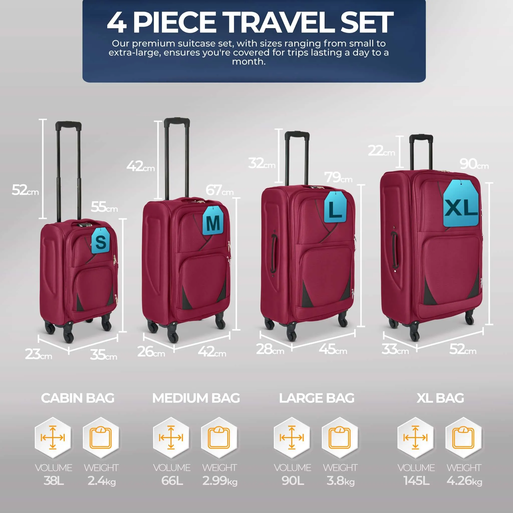 Suitcase Luggage Set On Wheels Set of 4, Assorted Colours