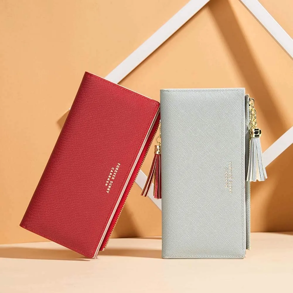 SUMGOGO Slim Wallet for Women Long Tassel Zipper Clutch Purse Handbag Card Case Wallet, Blue, LARGE, Minimalist