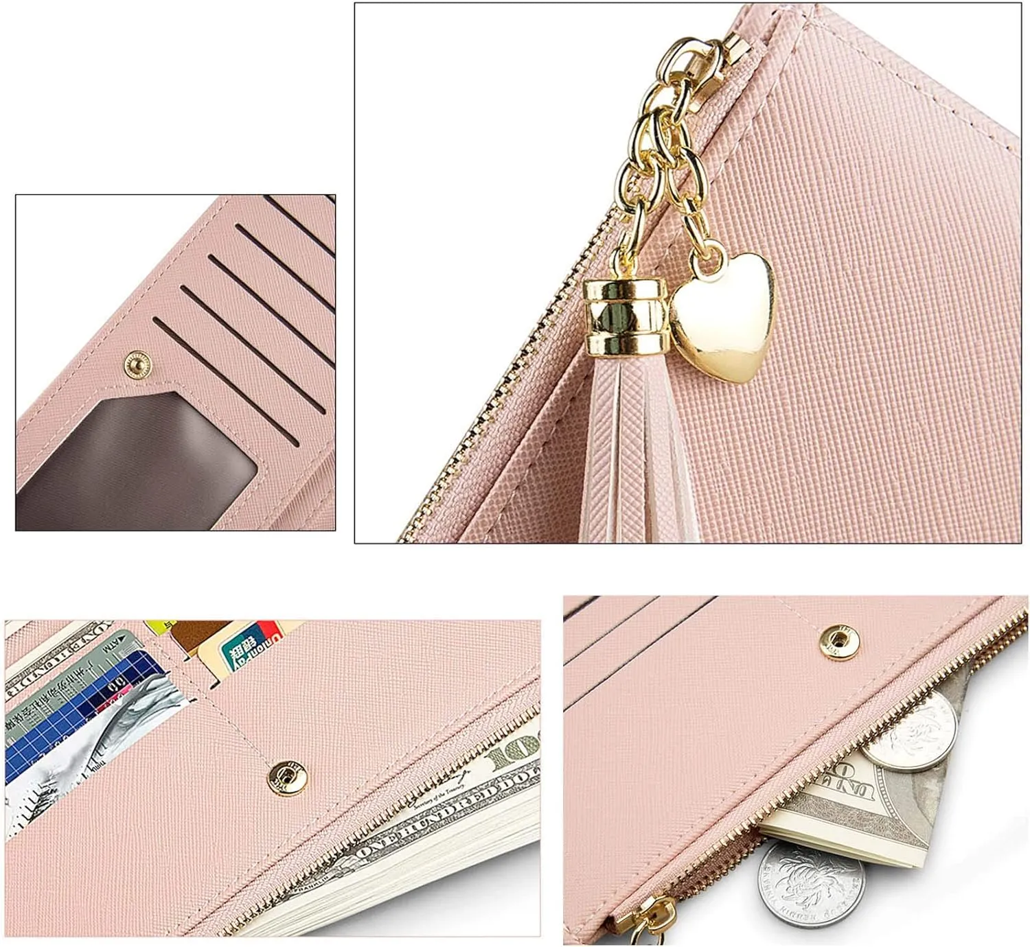 SUMGOGO Slim Wallet for Women Long Tassel Zipper Clutch Purse Handbag Card Case Wallet, Gray, LARGE, Minimalist