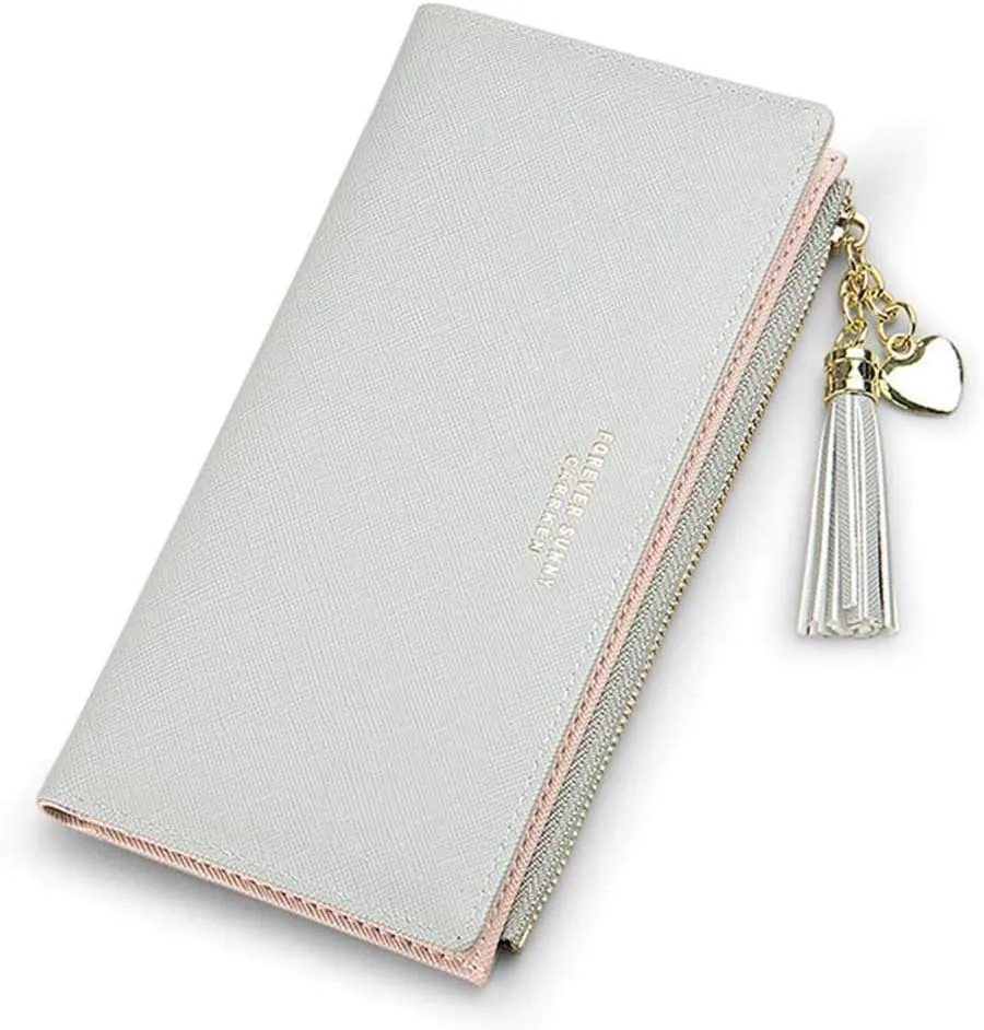 SUMGOGO Slim Wallet for Women Long Tassel Zipper Clutch Purse Handbag Card Case Wallet, Gray, LARGE, Minimalist