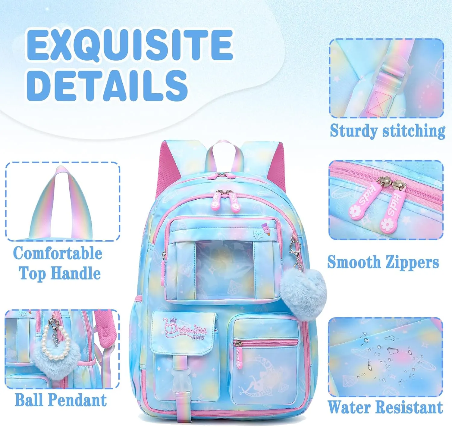 Sweet Girls Backpack School Bag for Students Kids Book Bag with Multiple Pockets Children's Backpack Trendy Laptop Backpack（17inch Blue）