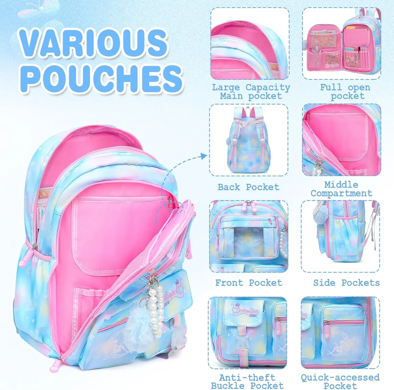 Sweet Girls Backpack School Bag for Students Kids Book Bag with Multiple Pockets Children's Backpack Trendy Laptop Backpack（17inch Blue）