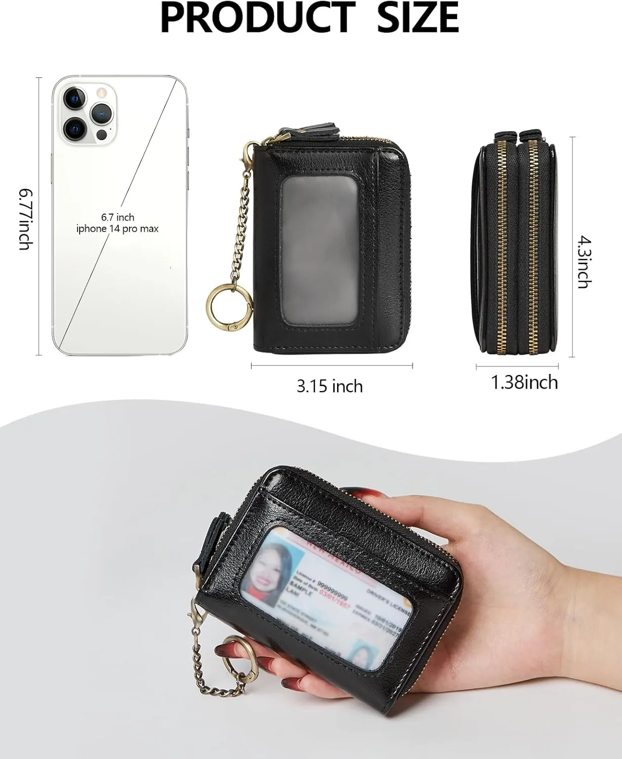 TFKGS Credit Card Holder for Women, RFID Blocking Wallet Small Leather Wallet Women with Accordion Zipper, Card Wallet Keychain, Black, Minimalist