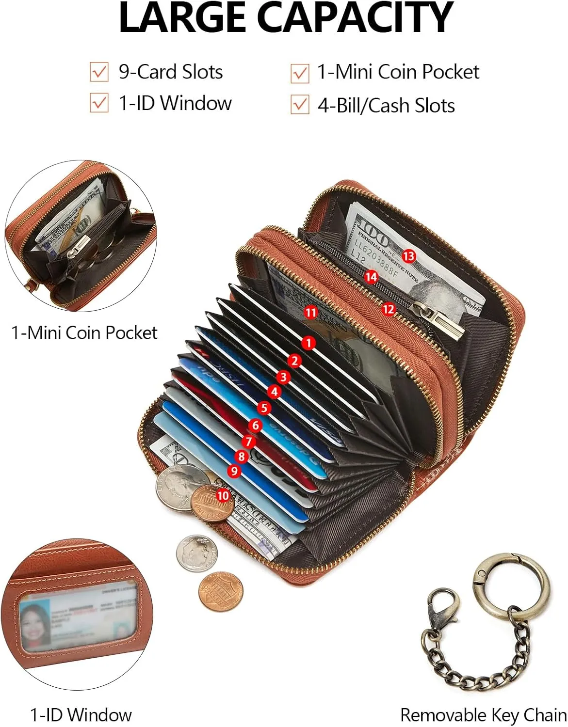 TFKGS Credit Card Holder for Women, RFID Blocking Wallet Small Leather Wallet Women with Accordion Zipper, Card Wallet Keychain, Brown, Minimalist
