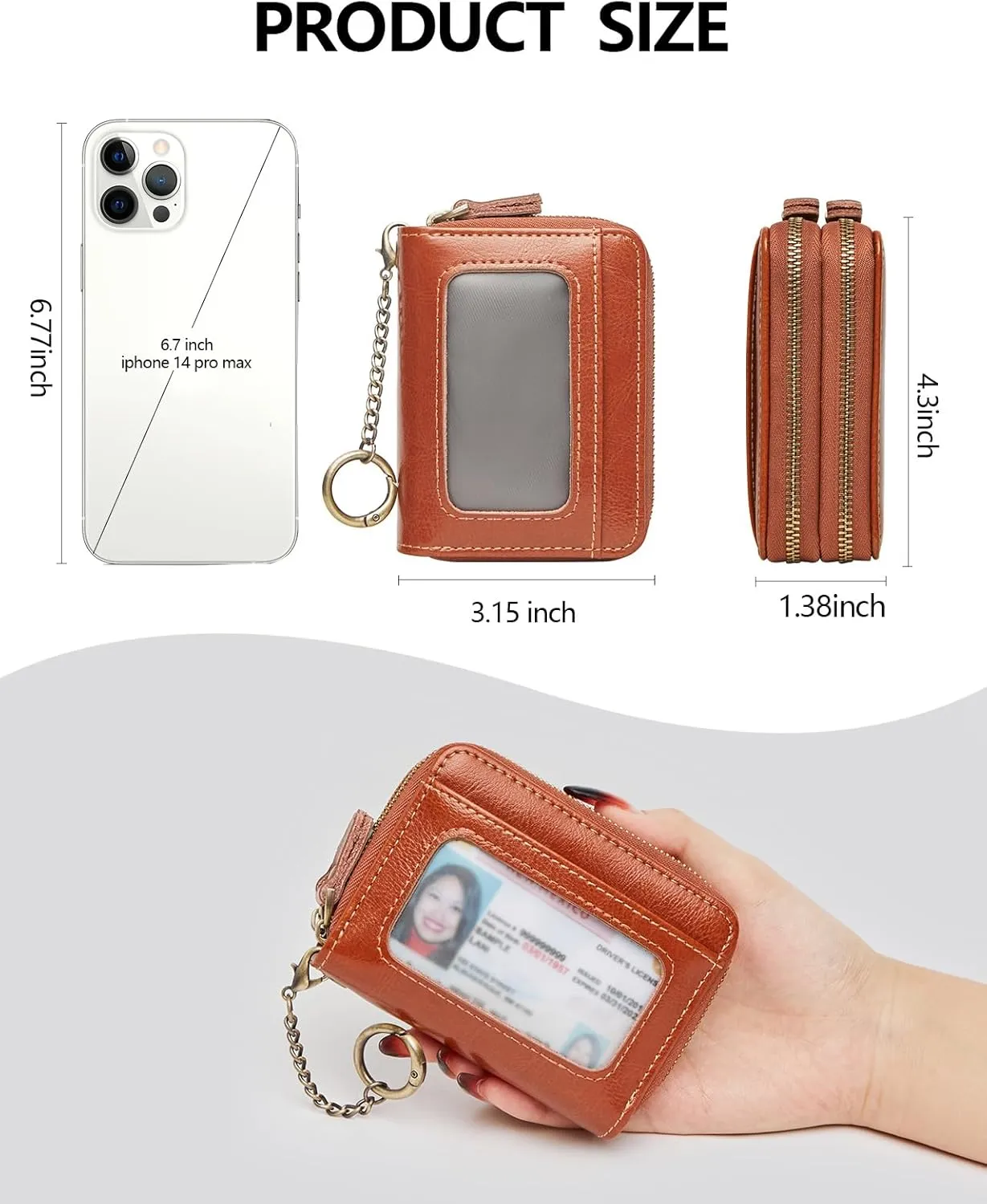 TFKGS Credit Card Holder for Women, RFID Blocking Wallet Small Leather Wallet Women with Accordion Zipper, Card Wallet Keychain, Brown, Minimalist