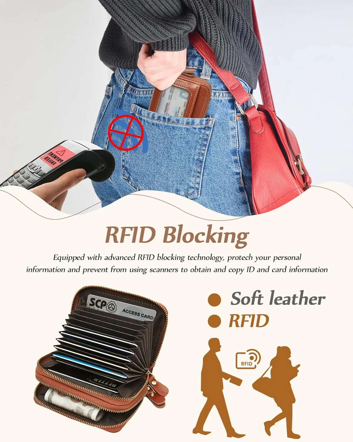 TFKGS Credit Card Holder for Women, RFID Blocking Wallet Small Leather Wallet Women with Accordion Zipper, Card Wallet Keychain, Brown, Minimalist