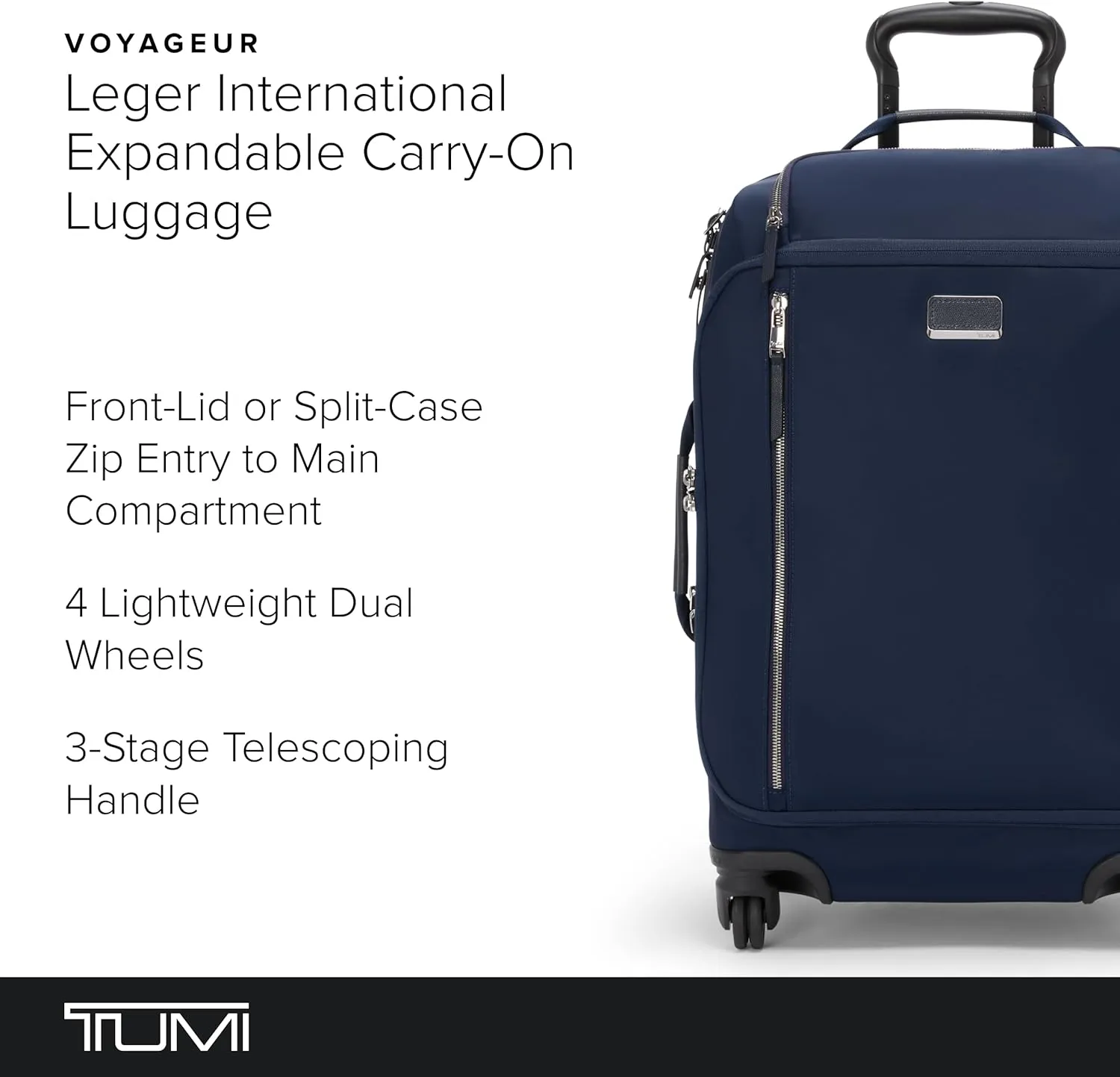 TUMI - Voyageur Leger 4 Wheel Carry-On Luggage - Lightweight and Spacious, Sleek Silhouette, Durable Women's Suitcase - 21.8" International Expandable Carry-On, Indigo with Silver Hardware