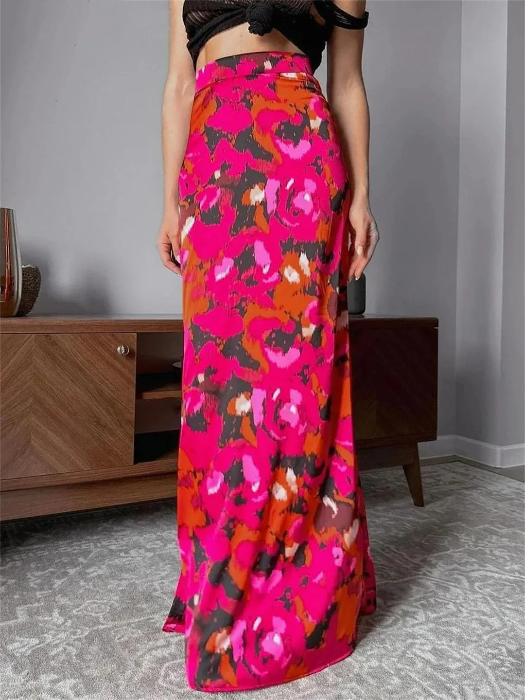 Women's Loose Print Elegant High Waist Maxi Skirts Streetwear Classic Skirt
