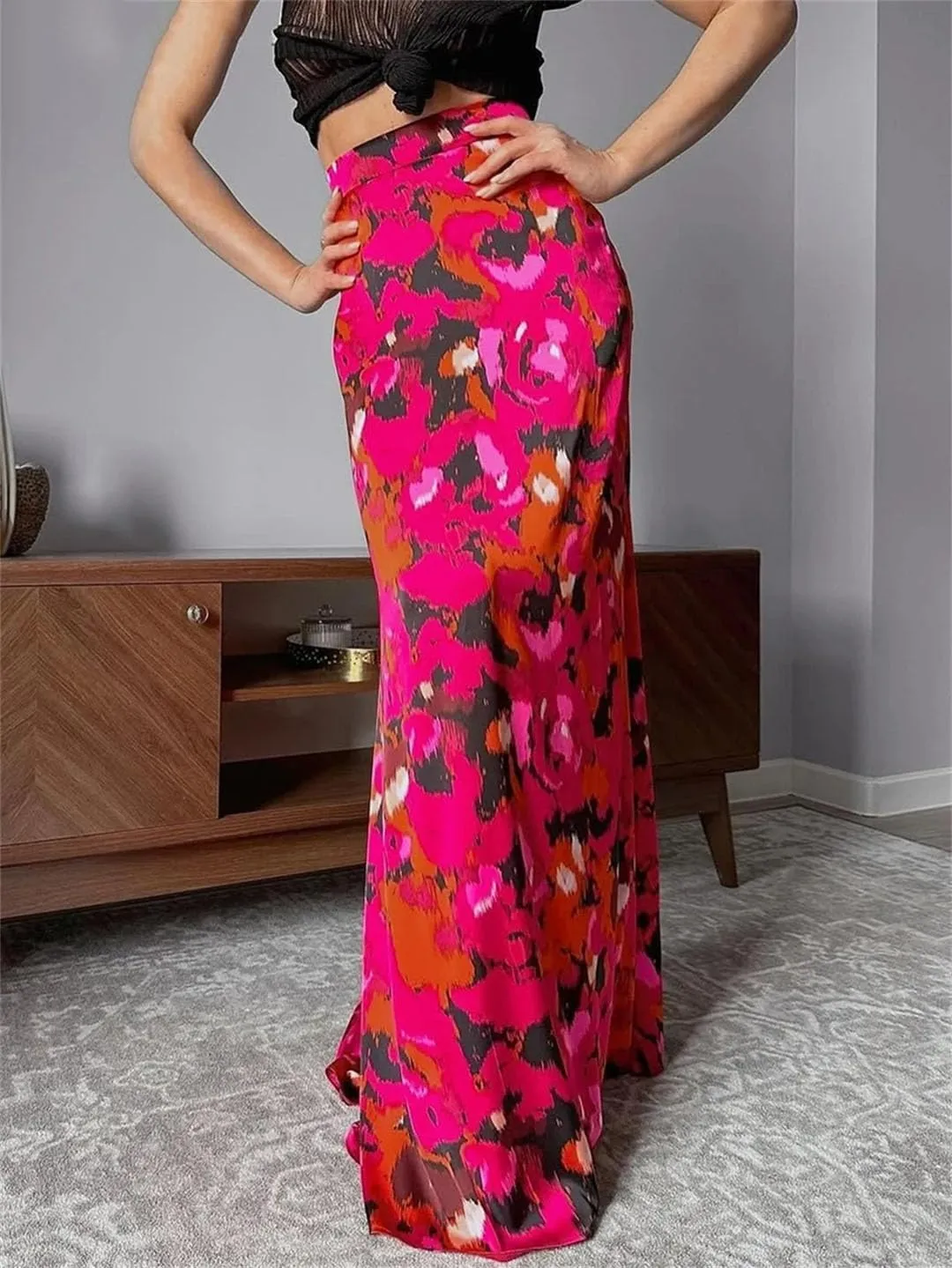 Women's Loose Print Elegant High Waist Maxi Skirts Streetwear Classic Skirt