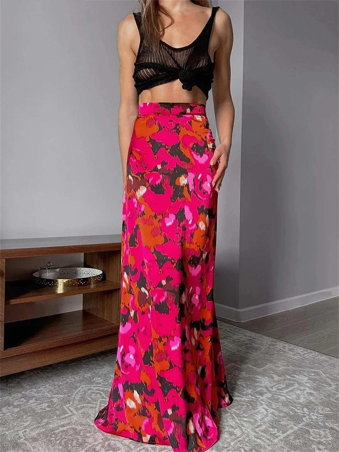 Women's Loose Print Elegant High Waist Maxi Skirts Streetwear Classic Skirt