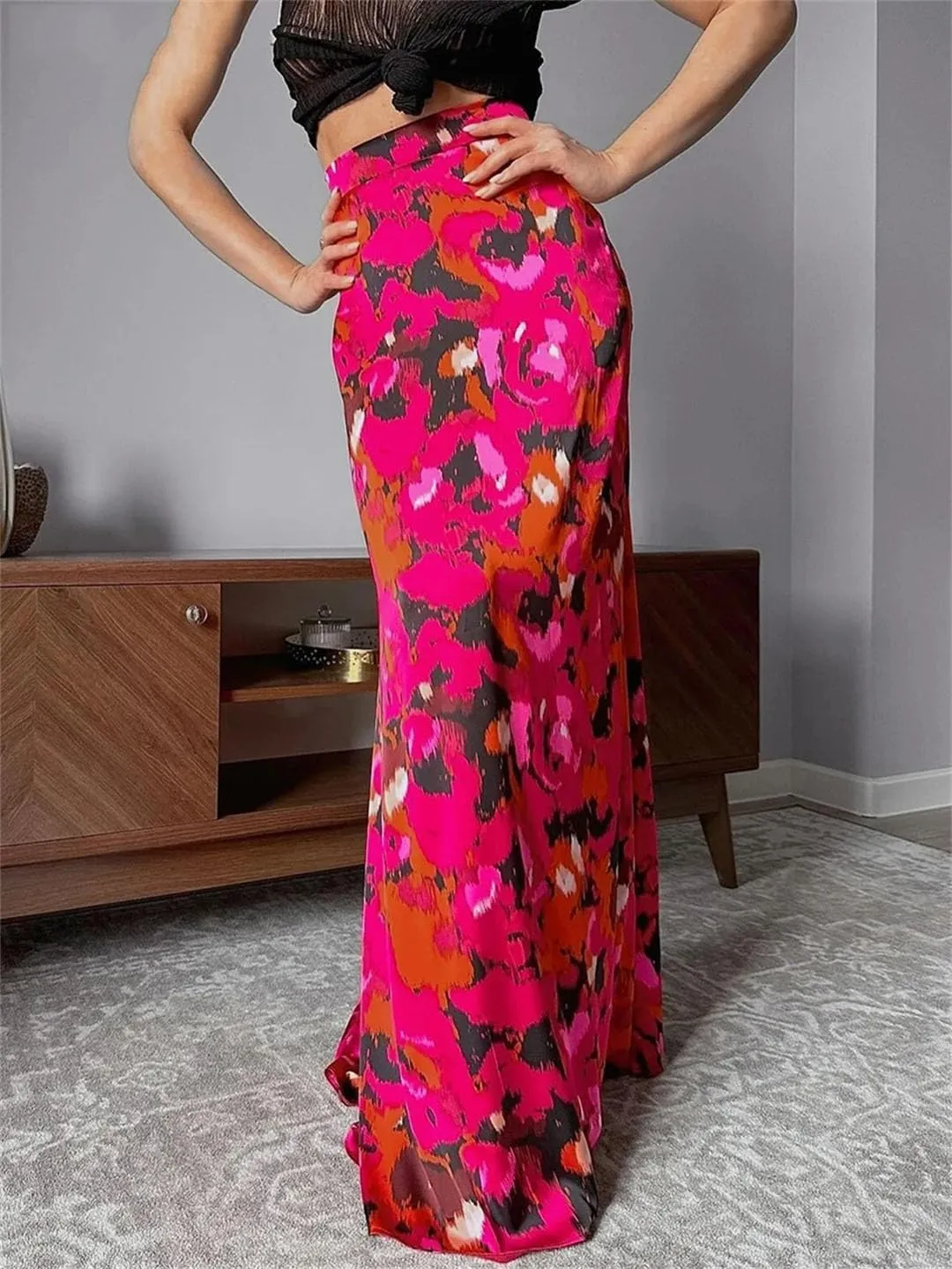 Women's Loose Print Elegant High Waist Maxi Skirts Streetwear Classic Skirt