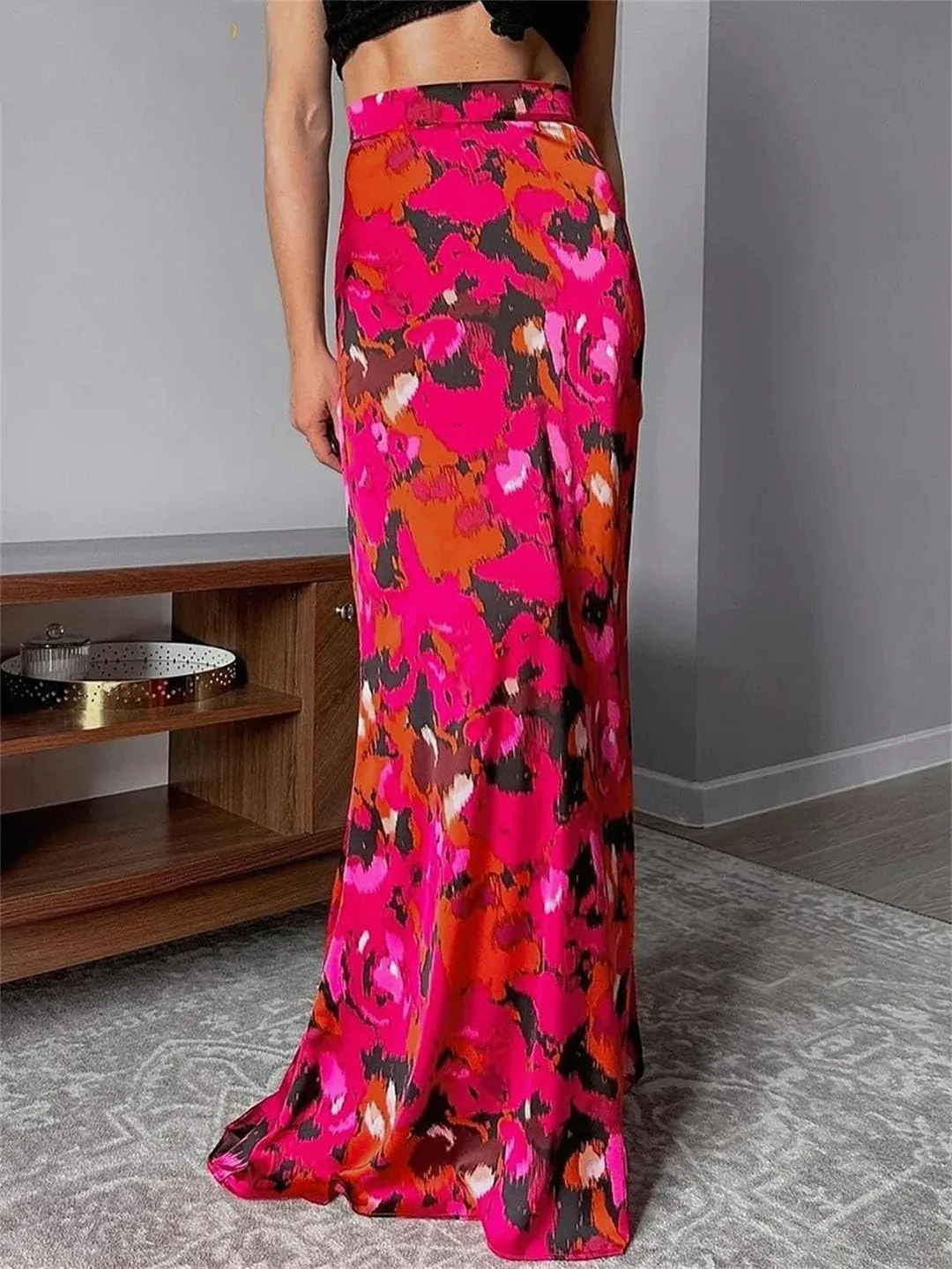 Women's Loose Print Elegant High Waist Maxi Skirts Streetwear Classic Skirt