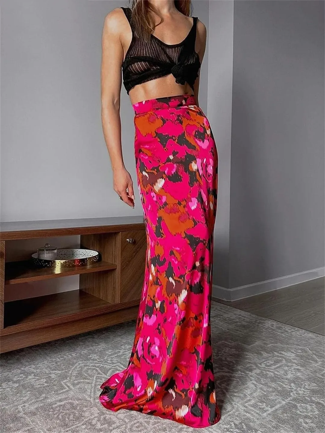 Women's Loose Print Elegant High Waist Maxi Skirts Streetwear Classic Skirt